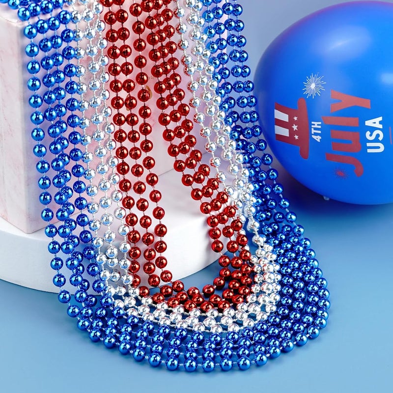 ZZYFGH 12 Pcs 4th of July Beaded Necklace 33'' 7mm Metallic Red/Silver/Blue Bead Necklace Bulk, Mardi Gras Round Beaded Necklaces for July 4th Party Favors Costume Necklace (12 Pcs) - Image 4
